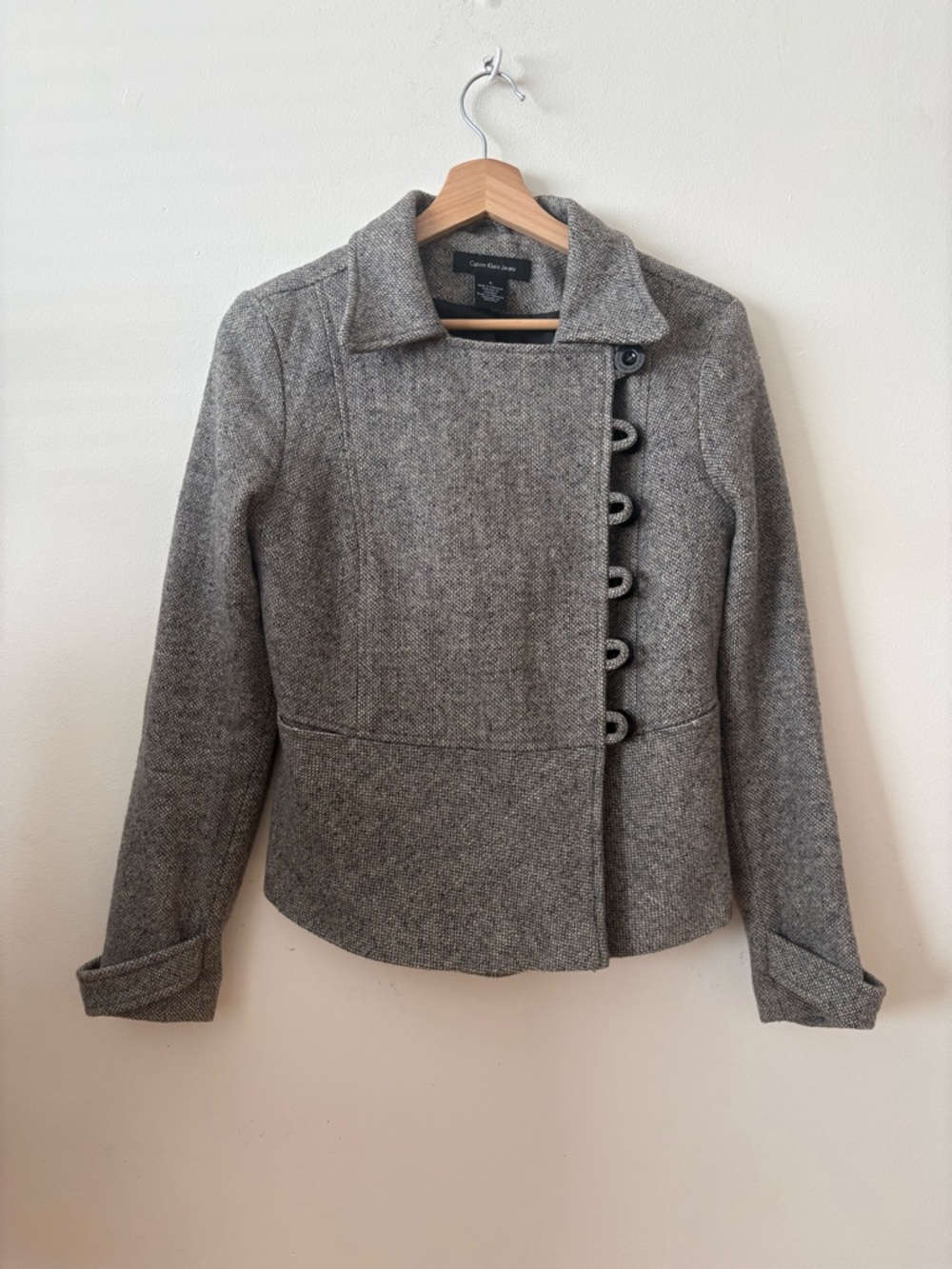 Calvin Klein Jeans Gray Asymmetric Button Wool-Blend Jacket